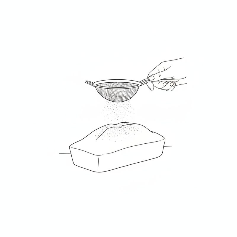 Line drawing of a hand holding a small sieve that dusts a fine layer of sugar over a loaf cake