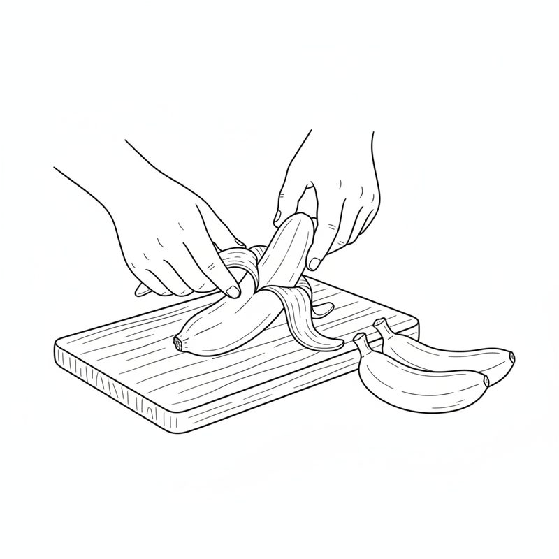 Line drawing of two hands peeling a banana over a wooden chopping board, with three whole bananas lying beside the board