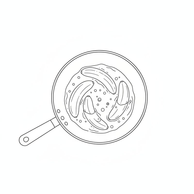 Line drawing of four bananas sitting in bubbling liquid in a deep round bowl-shaped pan