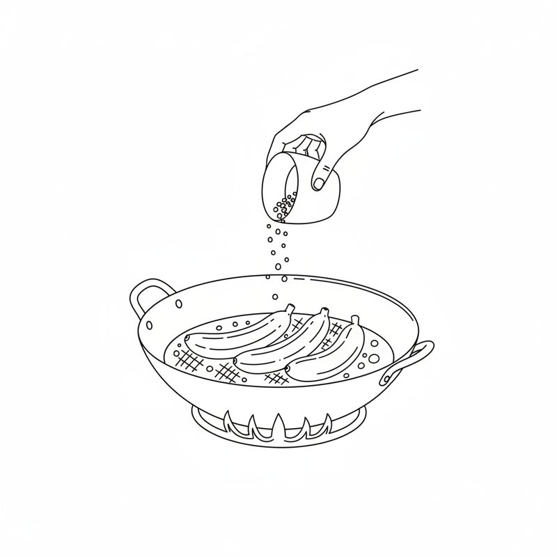 Line drawing of a hand tipping grains from a cup over three bananas in a two-handled wok of steaming oil