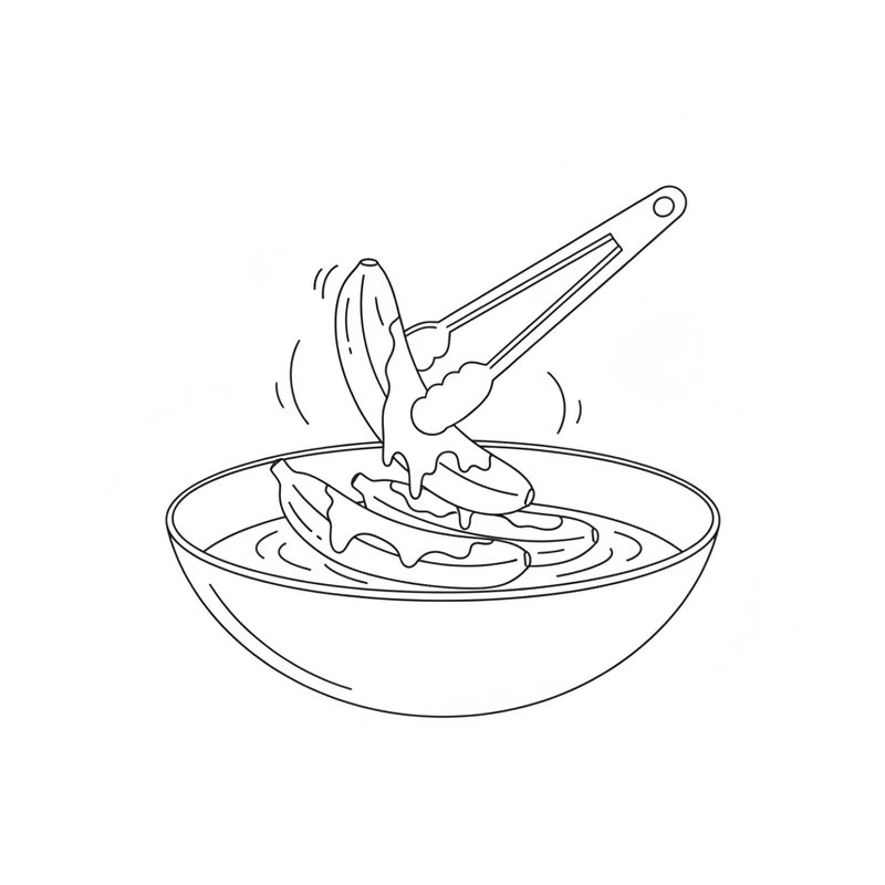 Line drawing of tongs lifting a banana coated in dripping glaze out of a round pan, with more glazed bananas in the liquid below