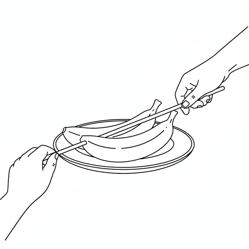 Line drawing of two hands sliding a long thin stick through two bananas lying on a plate