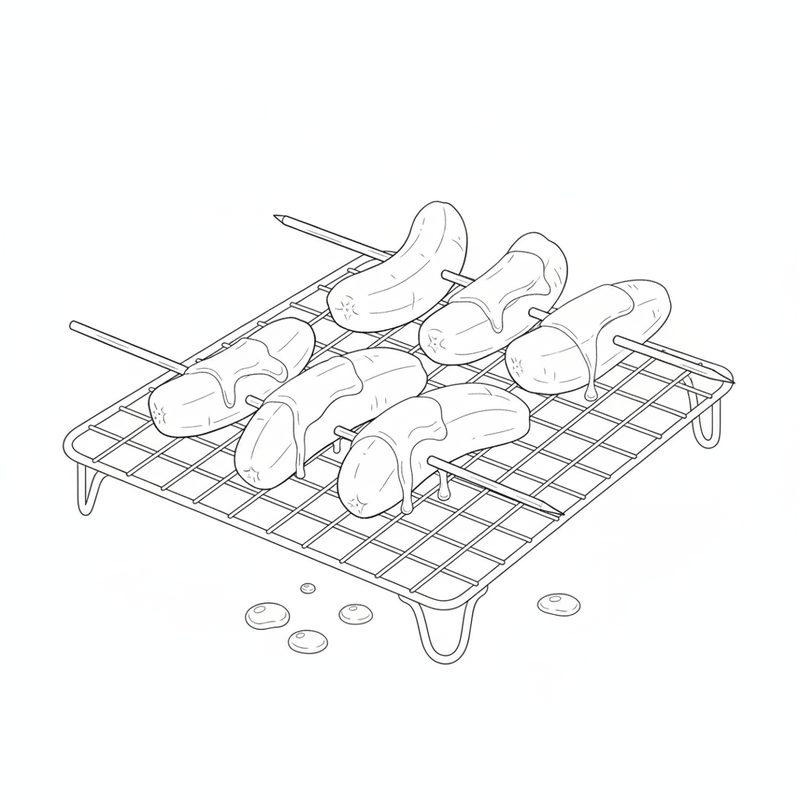 Line drawing of six glazed bananas, each on its own stick, cooling on a wire rack with a few drips underneath