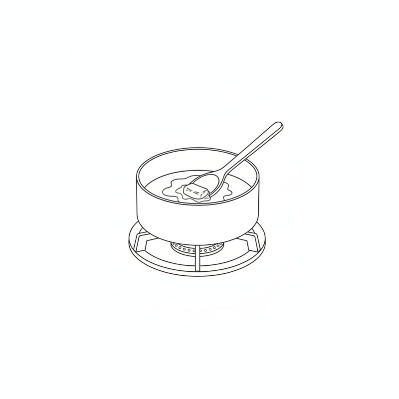 Line drawing of butter melting in a saucepan on a gas burner, a spoon resting in the pan
