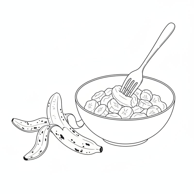 Line drawing of a fork pressing banana slices in a bowl, a spotted banana peel beside it