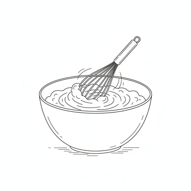 Line drawing of a balloon whisk beating a thick, foamy mixture in a large bowl