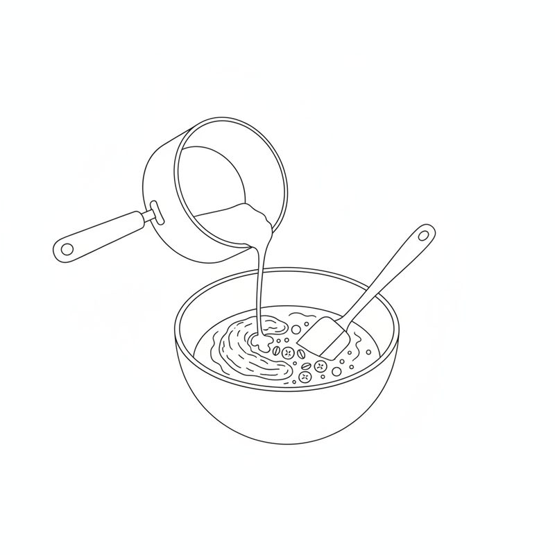 Line drawing of melted butter poured from a saucepan into a bowl of banana, oats and liquid, a spatula in the bowl