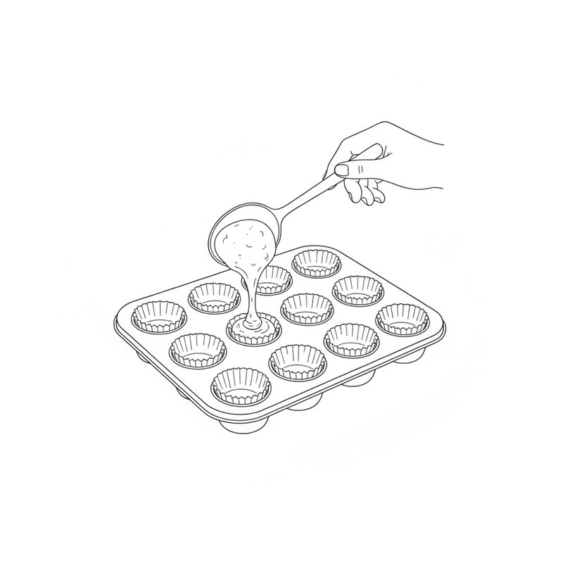 Line drawing of a spoon filling paper cases in a twelve-hole muffin tray with batter
