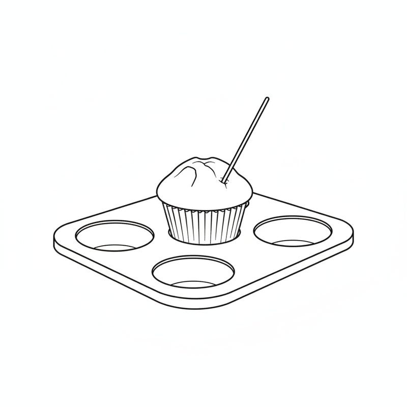 Line drawing of a skewer pushed into a baked muffin in a muffin tray