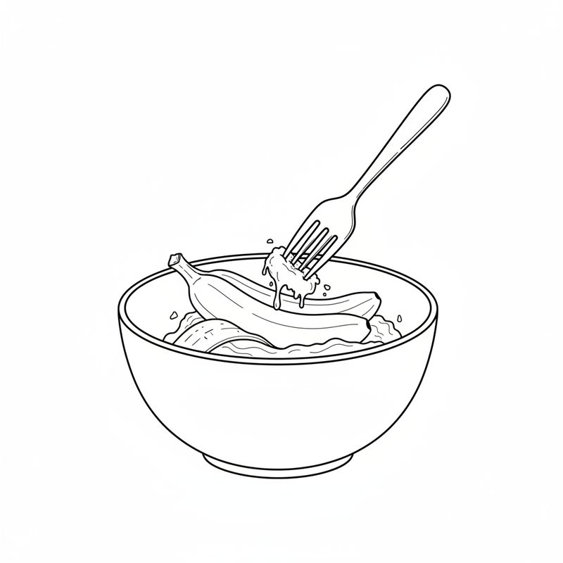 Line drawing of a fork pressing into bananas in a mixing bowl