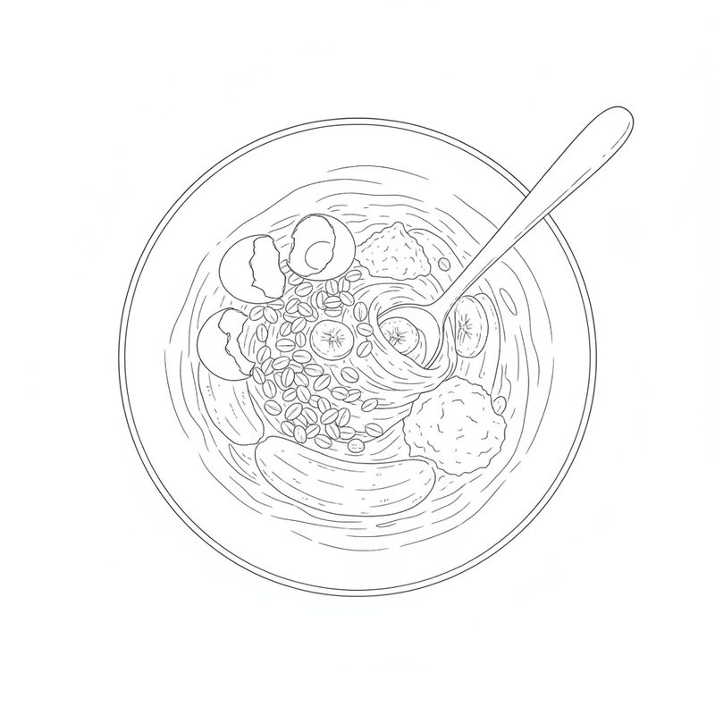 Line drawing from above of a bowl holding cracked eggs, rolled oats, flour and banana, with a spoon stirring them together