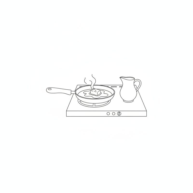Line drawing of butter melting in a frying pan on the hob, with a small jug beside the pan