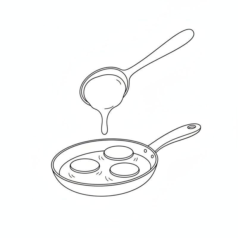 Line drawing of a large spoon dropping thick batter into a frying pan that already holds three small round pancakes