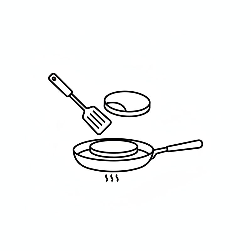 Line drawing of a spatula turning a small round pancake over a frying pan