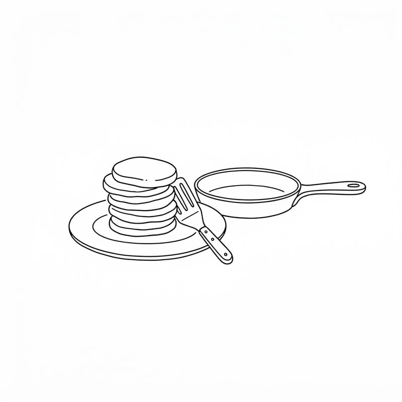 Line drawing of a stack of small pancakes on a plate, with a spatula resting against it and an empty frying pan beside it