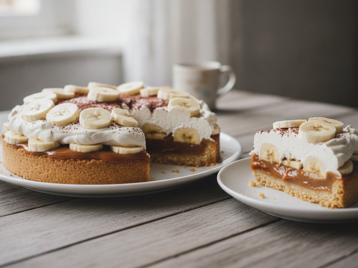 Banoffee pie on a white plate with a biscuit crust, caramel layer, whipped cream, banana slices and a dusting of cocoa, one slice served beside it