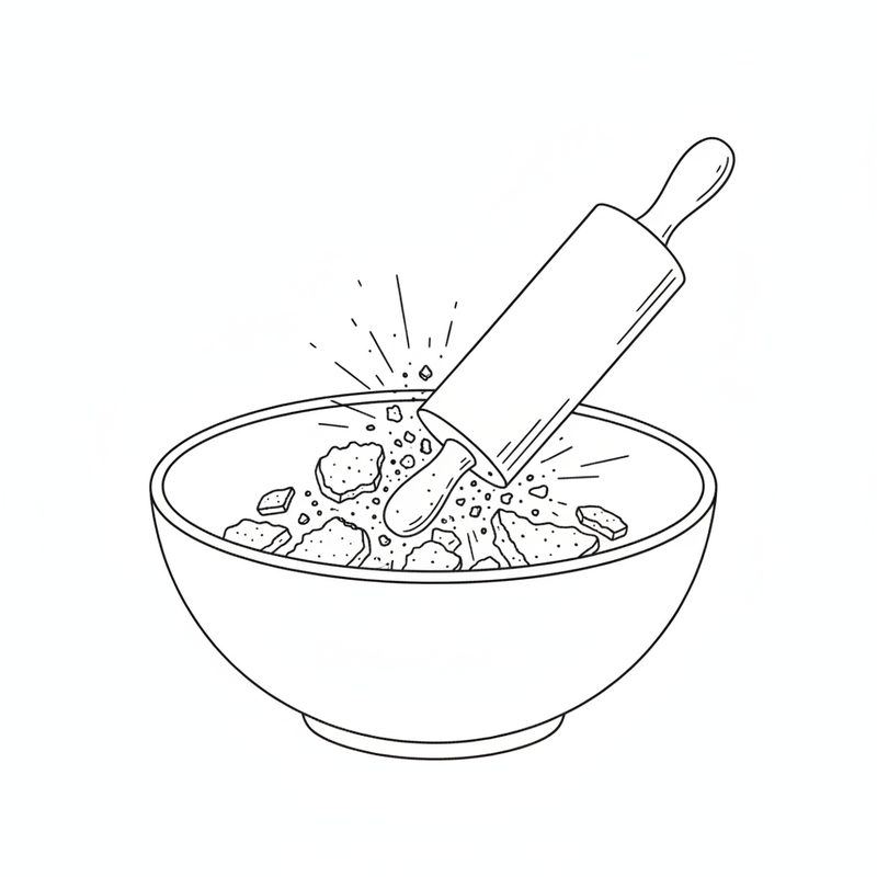 Line drawing of a rolling pin crushing digestive biscuits into crumbs in a mixing bowl