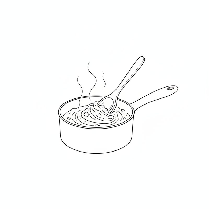 Line drawing of a wooden spoon stirring biscuit crumbs into melted butter in a saucepan