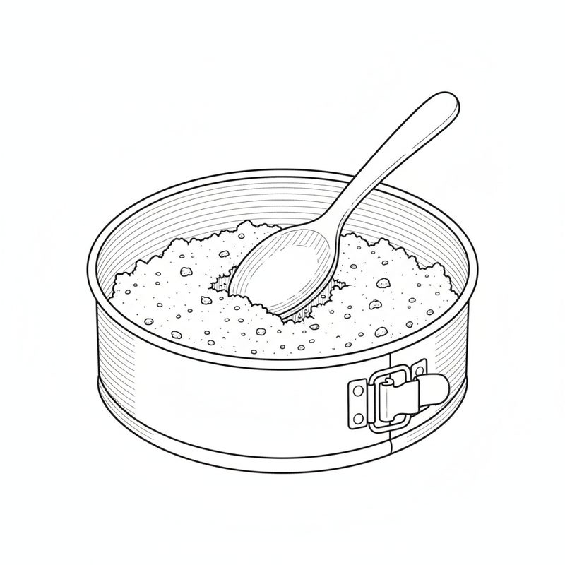 Line drawing of a spoon pressing a crumb base into a round springform tin