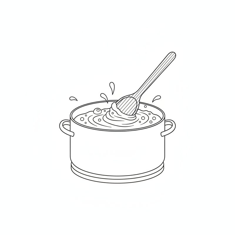 Line drawing of a wooden spoon stirring thick bubbling caramel in a pot