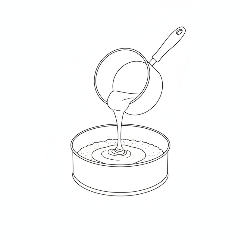 Line drawing of caramel being poured from a saucepan onto the biscuit base in a springform tin