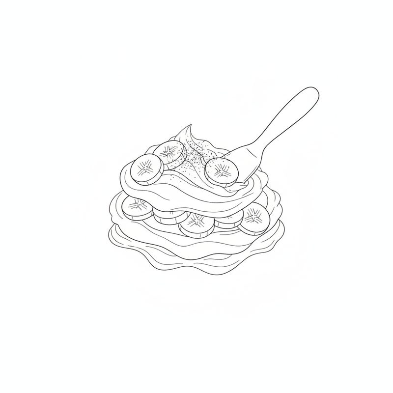 Line drawing of a palette knife spreading cream with banana slices, topped with banana slices and a dusting of cocoa