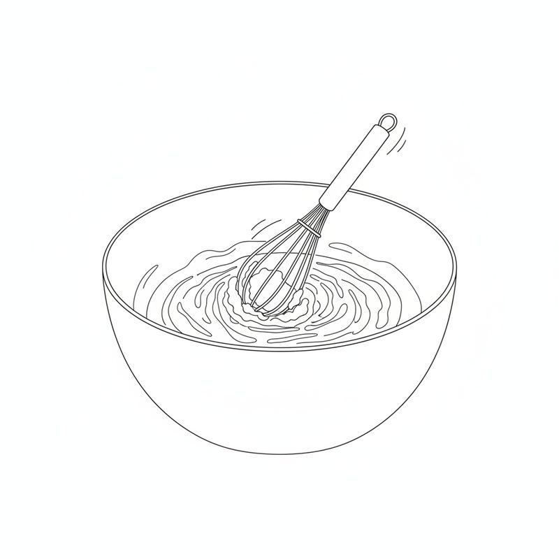 Line drawing of a balloon whisk beating a soft mixture in a large round mixing bowl