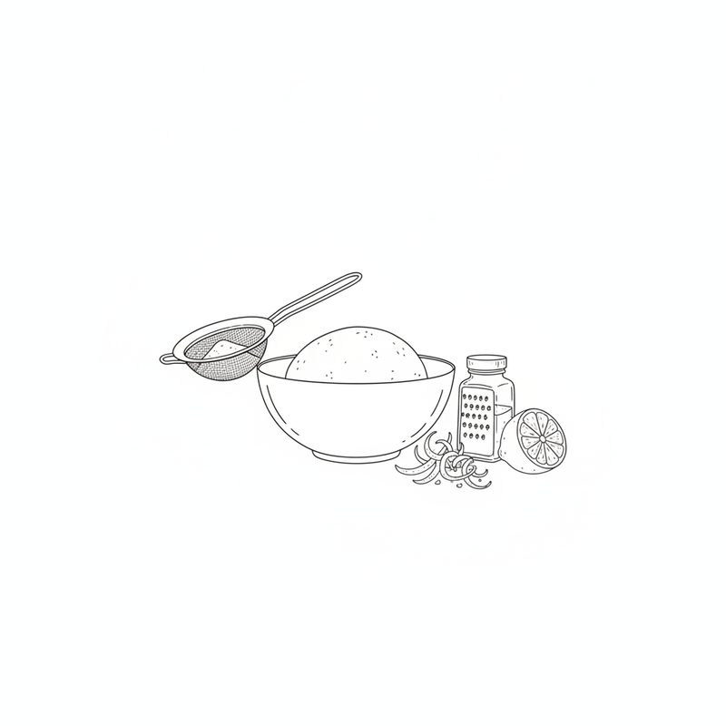 Line drawing of a ball of dough in a mixing bowl beside a flour sieve, a small spice jar and a halved lemon with strips of peel