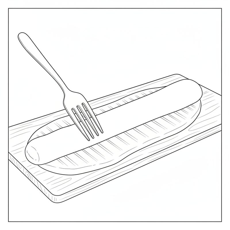 Line drawing of a fork resting on a long log of dough on a wooden board, with ridged marks pressed into the dough beneath it