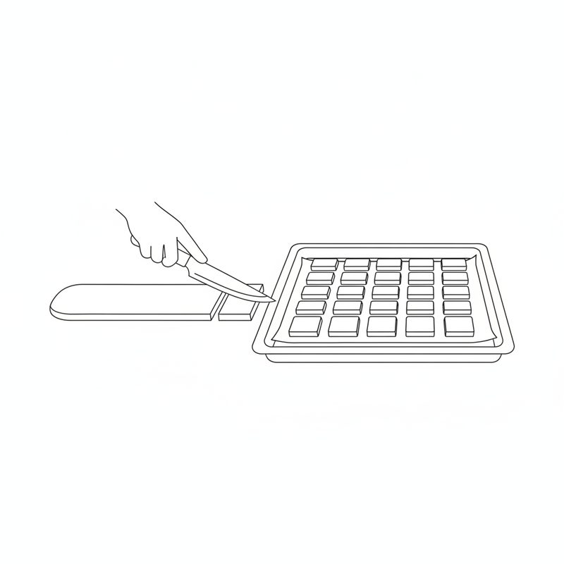 Line drawing of a hand cutting a flat strip of dough into short pieces with a knife, beside a lined baking tray filled with rows of cut biscuits