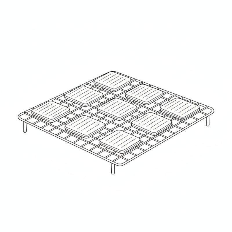Line drawing of flat biscuits with ridged tops cooling on a wire rack