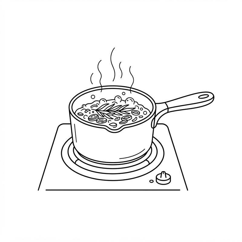 Line drawing of a saucepan on a hob, steaming, with sliced shallot rings and a tarragon sprig in the bubbling liquid