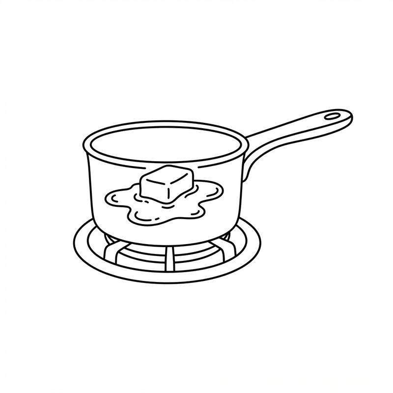Line drawing of a block of butter melting into a pool in a small saucepan on a gas burner