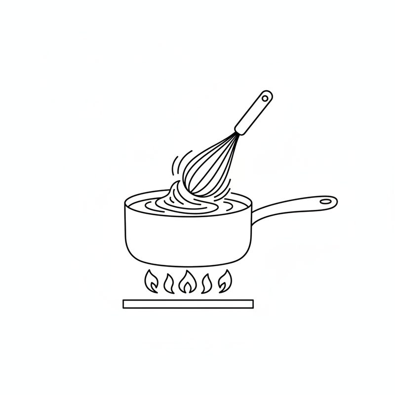 Line drawing of a balloon whisk stirring a thick mixture in a saucepan over a low gas flame