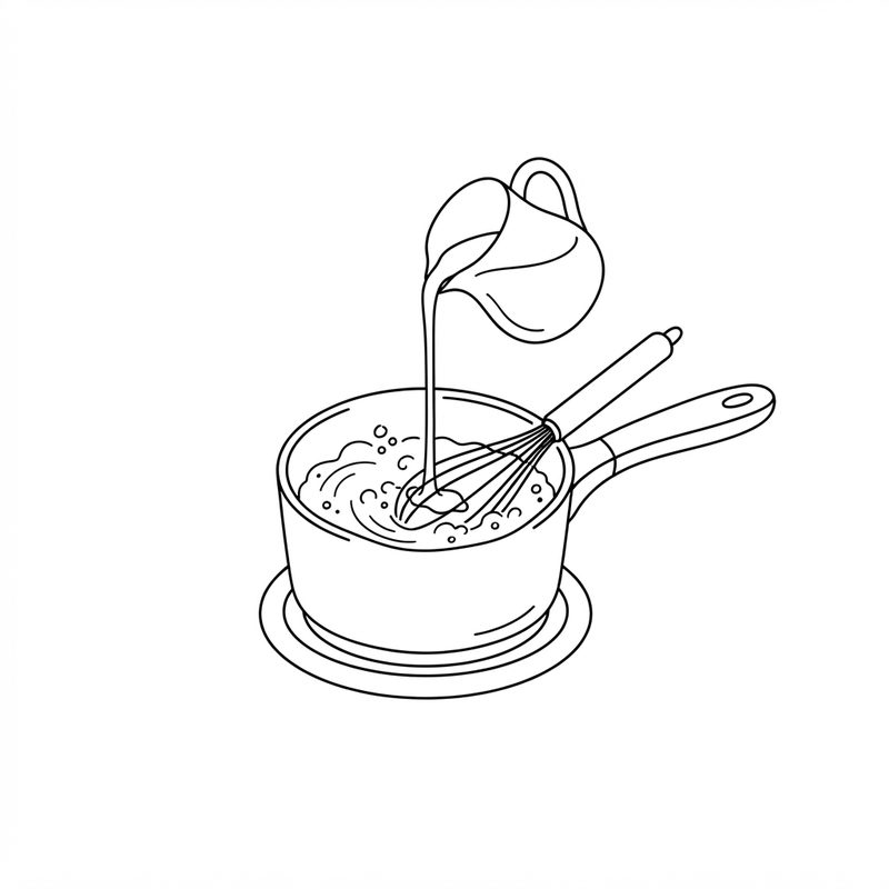 Line drawing of melted butter poured from a small jug into a saucepan while a whisk rests in the mixture