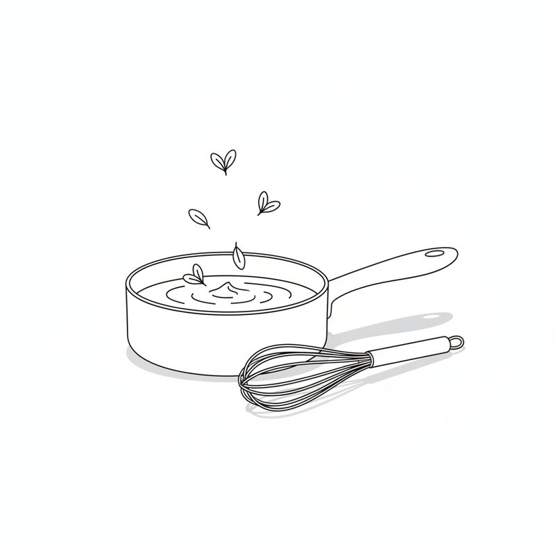 Line drawing of herb leaves falling into a smooth sauce in a saucepan, a whisk lying beside the pan