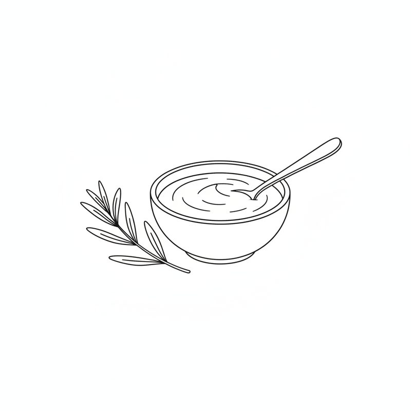 Line drawing of a bowl of smooth sauce with a spoon in it and a herb sprig beside it