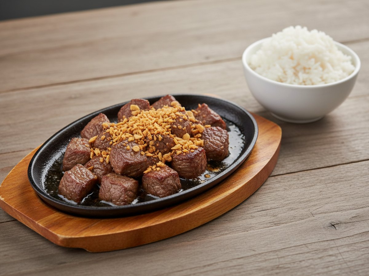 Seared cubes of beef salpicao topped with golden fried garlic bits on an oval black sizzling plate set on a wooden board, with a white bowl of steamed rice beside it on a wooden table