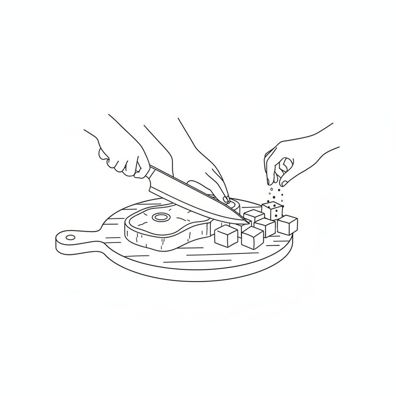 Line drawing of hands cutting a steak into cubes on a wooden board while another hand sprinkles seasoning over the cubes