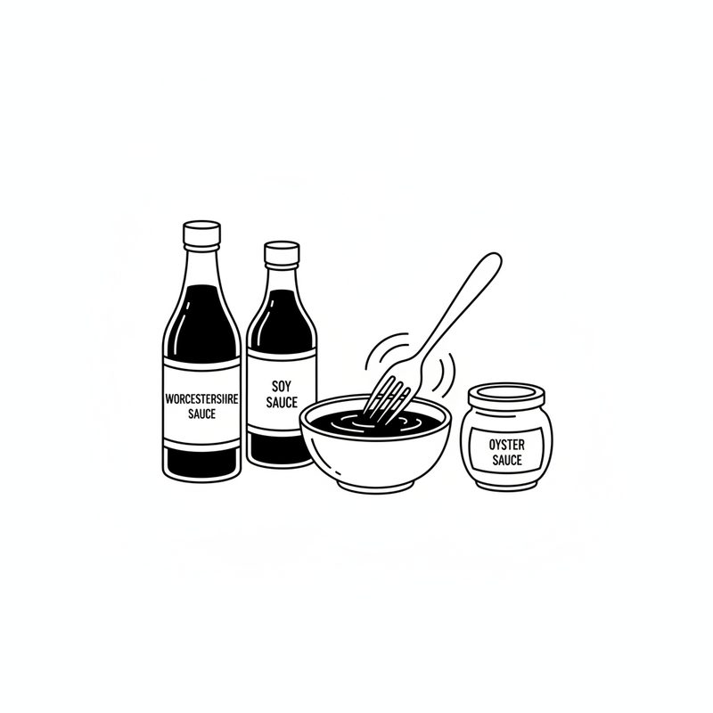 Line drawing of a fork whisking dark sauce in a small bowl beside bottles labelled Worcestershire sauce and soy sauce and a jar labelled oyster sauce