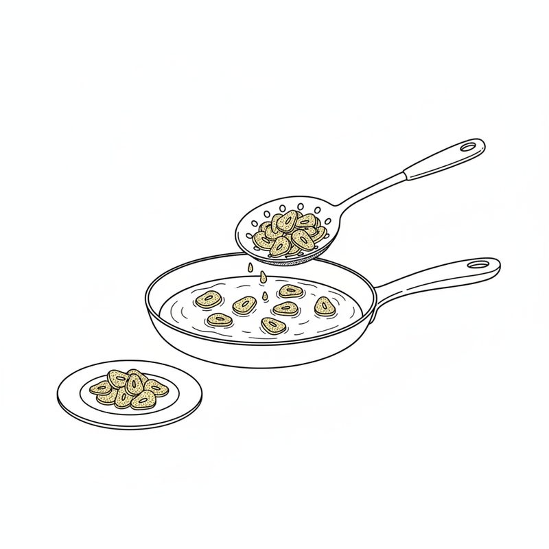 Line drawing of sliced garlic frying in oil in a pan, with a slotted spoon lifting garlic out onto a small plate
