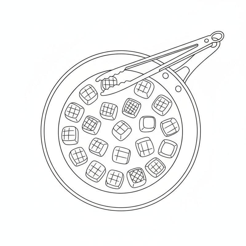 Line drawing of beef cubes spaced out in a single layer in a frying pan, with tongs turning one cube