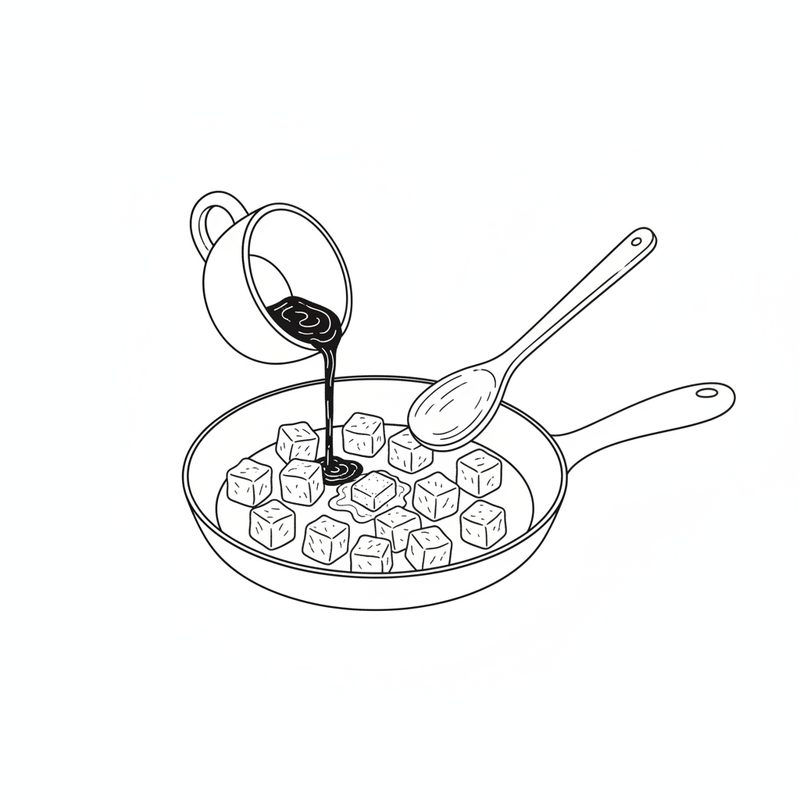 Line drawing of dark sauce being poured from a cup over beef cubes in a frying pan, with a spoon ready to toss them