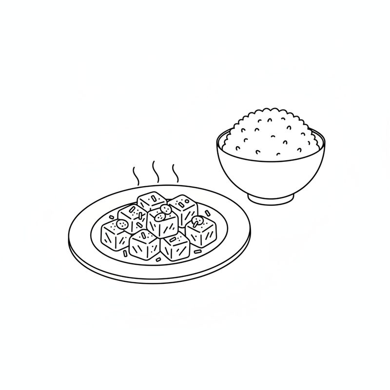 Line drawing of a plate of beef cubes with steam rising, beside a bowl of rice