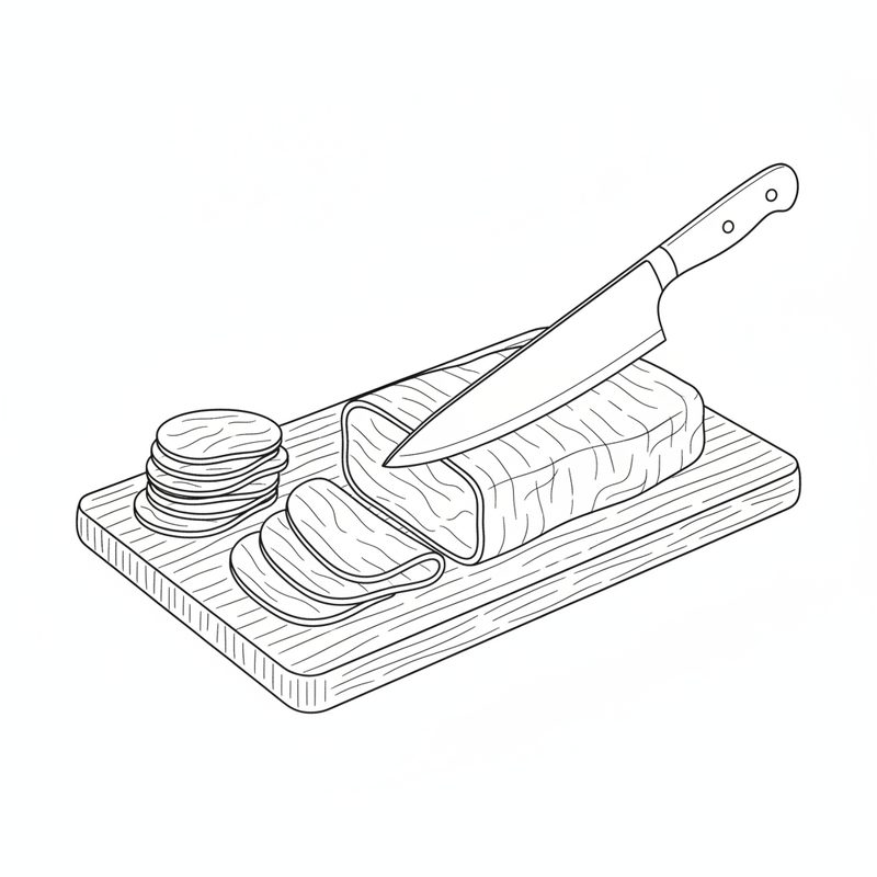 Line drawing of a chef's knife cutting a block of beef into slices on a wooden board, a small stack of slices beside it