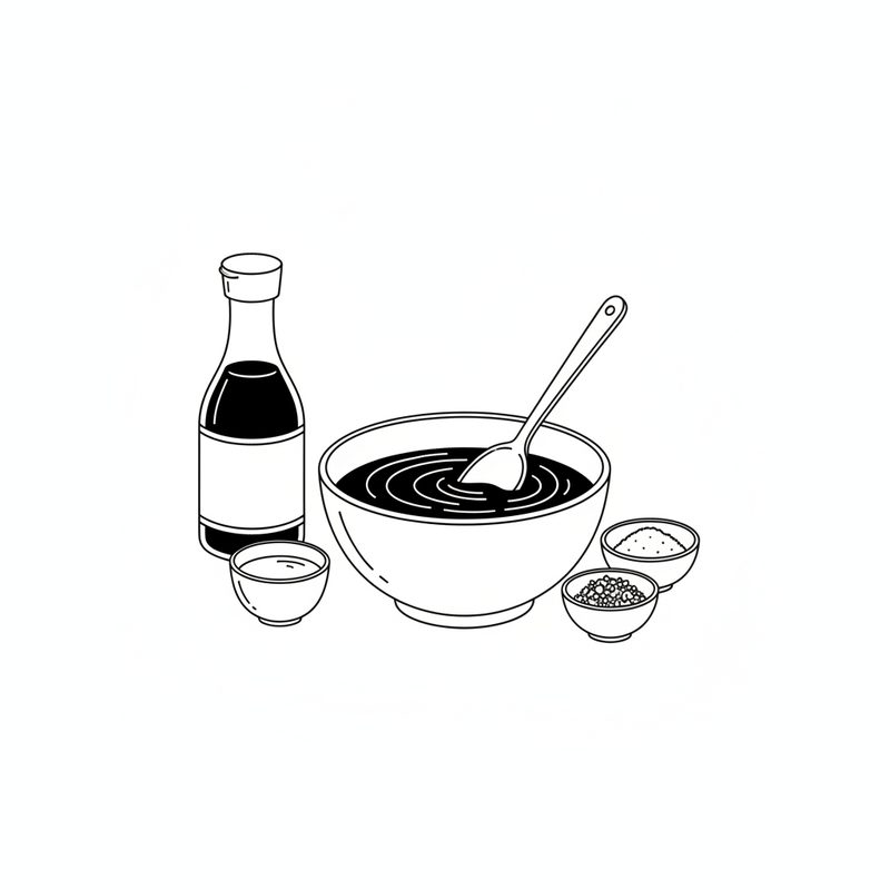 Line drawing of a spoon stirring dark marinade in a mixing bowl, with a bottle of soy sauce and three small bowls beside it