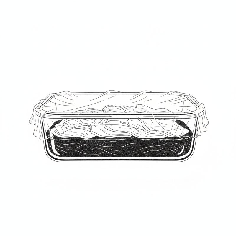 Line drawing of beef slices in dark marinade in a glass container loosely covered with plastic wrap