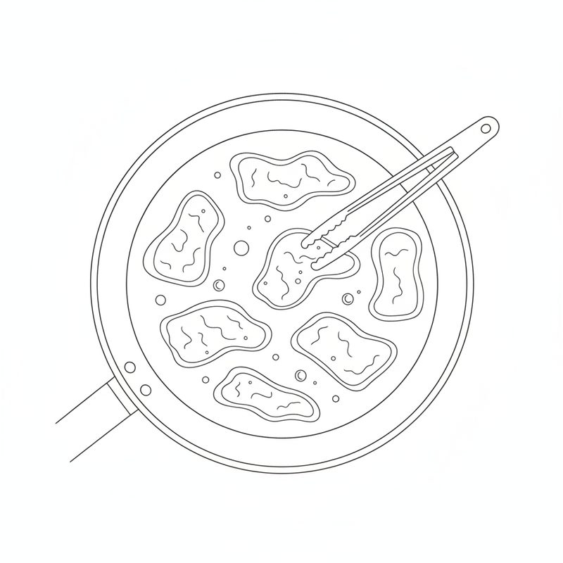 Line drawing from above of seven beef slices frying in a single layer in a skillet, tongs lifting the middle one