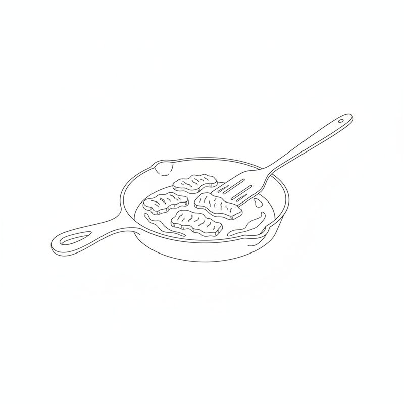Line drawing of a cast-iron skillet with four pieces of beef and a slotted spatula turning one