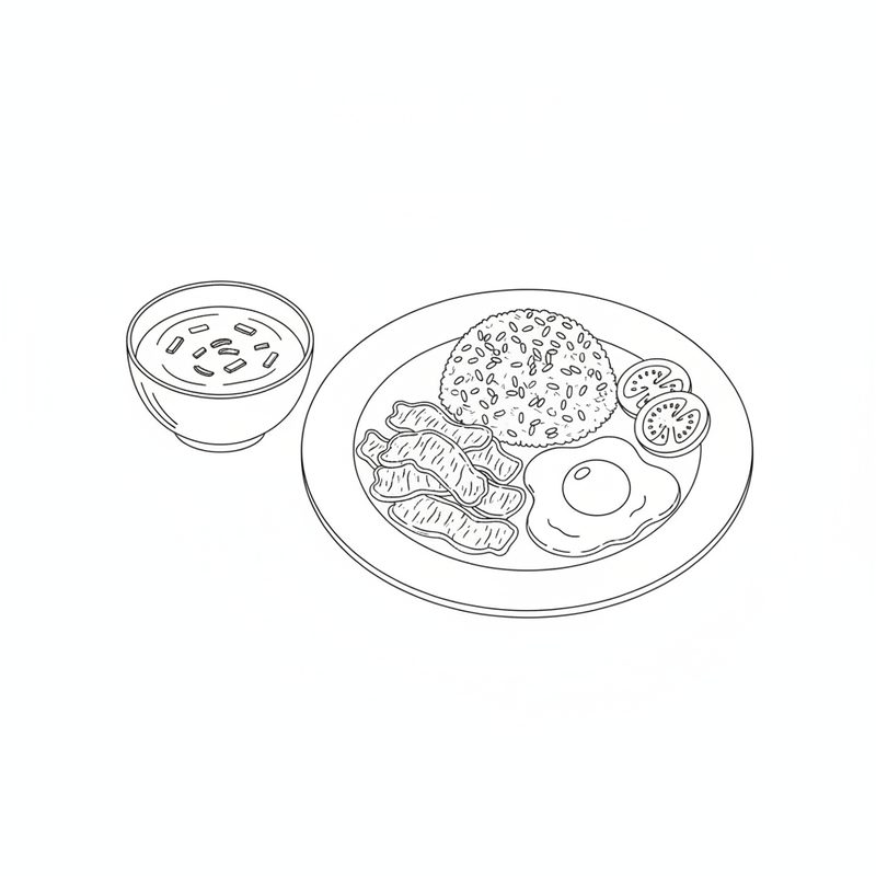 Line drawing of a breakfast plate with beef slices, a mound of rice, a fried egg and two tomato slices, a small bowl of dipping sauce beside it
